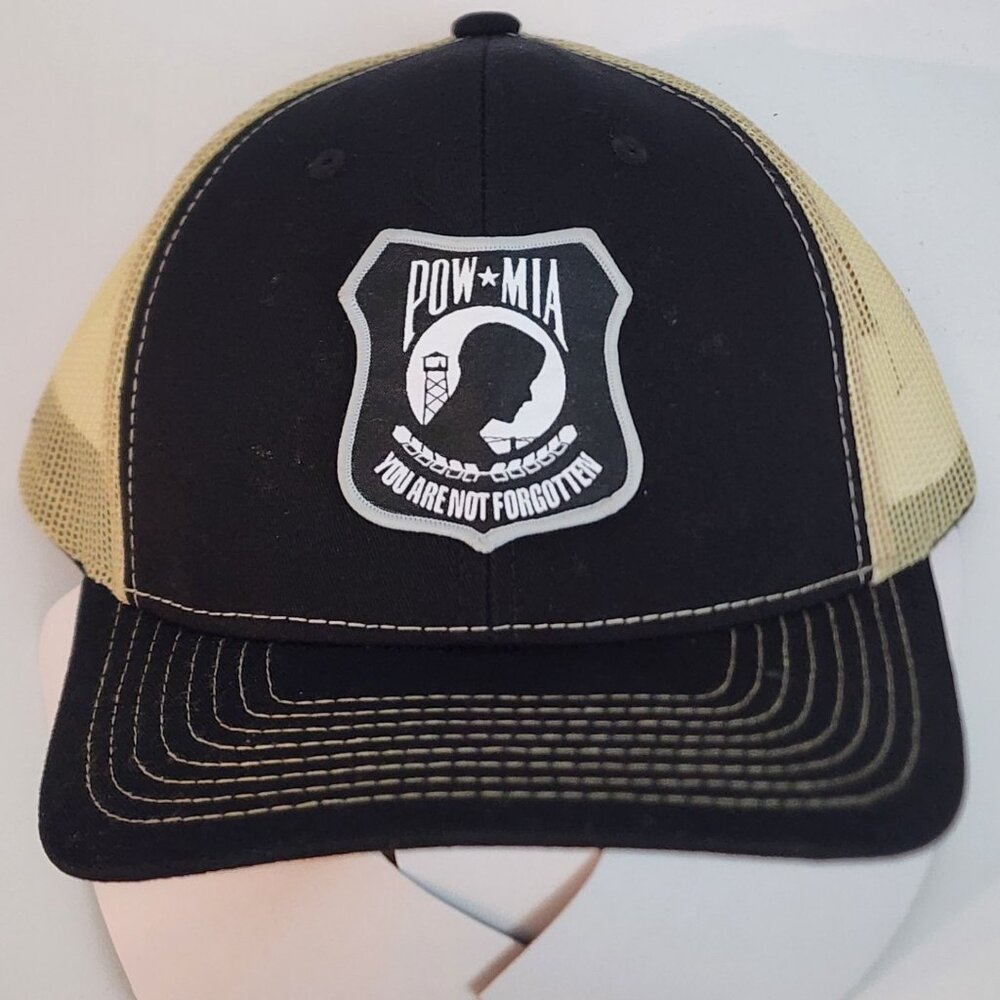 POW MIA Patched Black/Vegas Gold Mesh Snapback Trucker Hat
